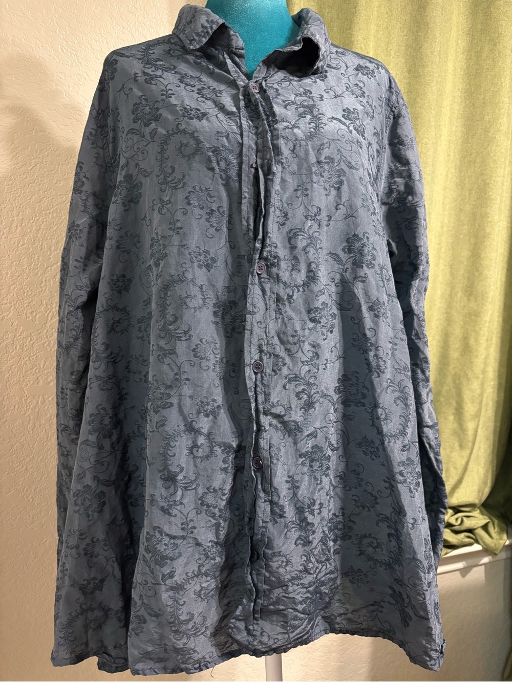 CP Shades Cotton Silk Blouse Shirt Womens Blue Floral Jacquard Button Down XL